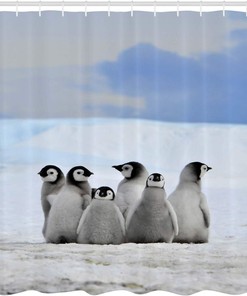 Penguin Arctic Animals Shower Curtain, Snow Pile Winter Sky Cloth Fabric Bathroom Decor