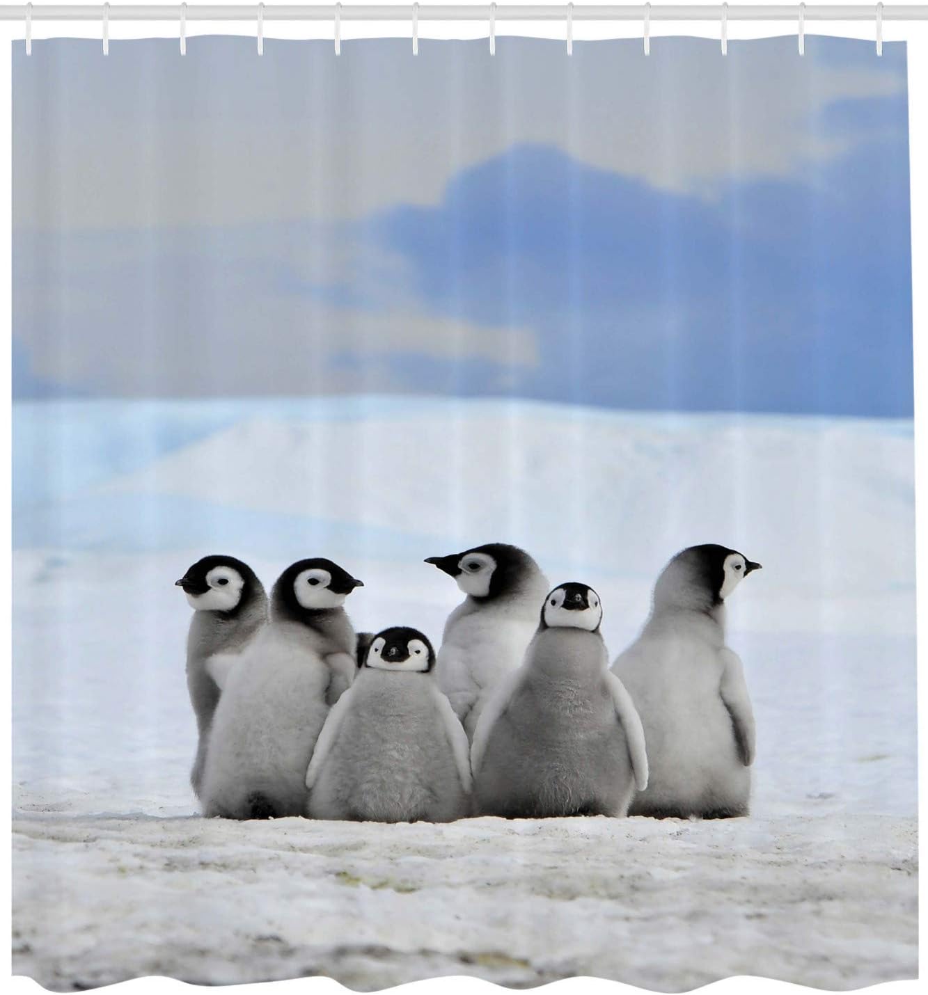 Penguin Arctic Animals Shower Curtain, Snow Pile Winter Sky Cloth Fabric Bathroom Decor