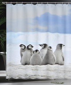 Penguin Arctic Animals Shower Curtain, Snow Pile Winter Sky Cloth Fabric Bathroom Decor