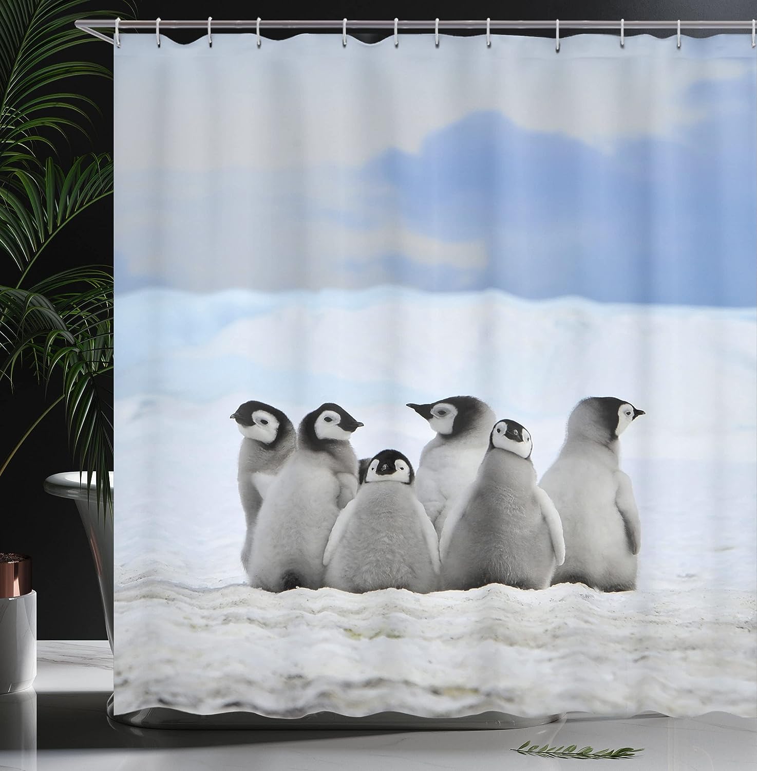 Penguin Arctic Animals Shower Curtain, Snow Pile Winter Sky Cloth Fabric Bathroom Decor