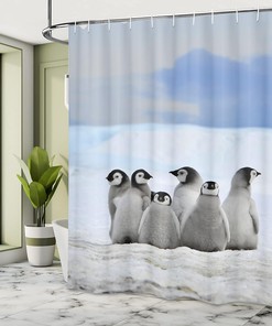 Penguin Arctic Animals Shower Curtain, Snow Pile Winter Sky Cloth Fabric Bathroom Decor
