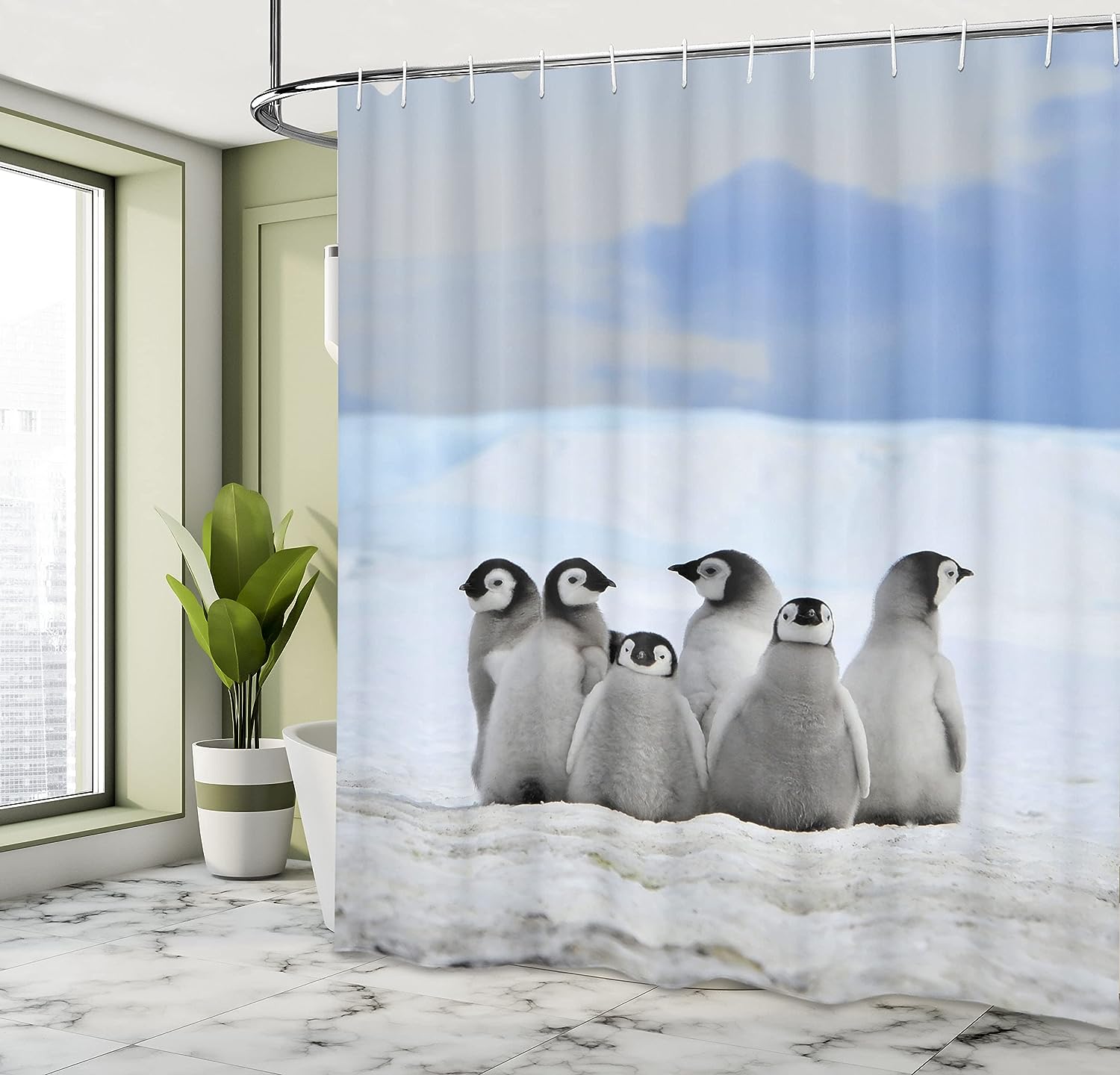 Penguin Arctic Animals Shower Curtain, Snow Pile Winter Sky Cloth Fabric Bathroom Decor