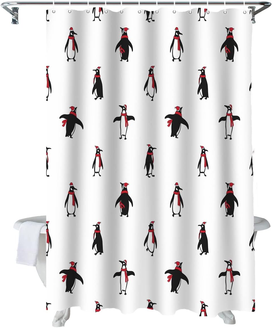 Penguin Pattern Christmas Shower Curtain - Festive Bathroom Decor for the Holiday Season