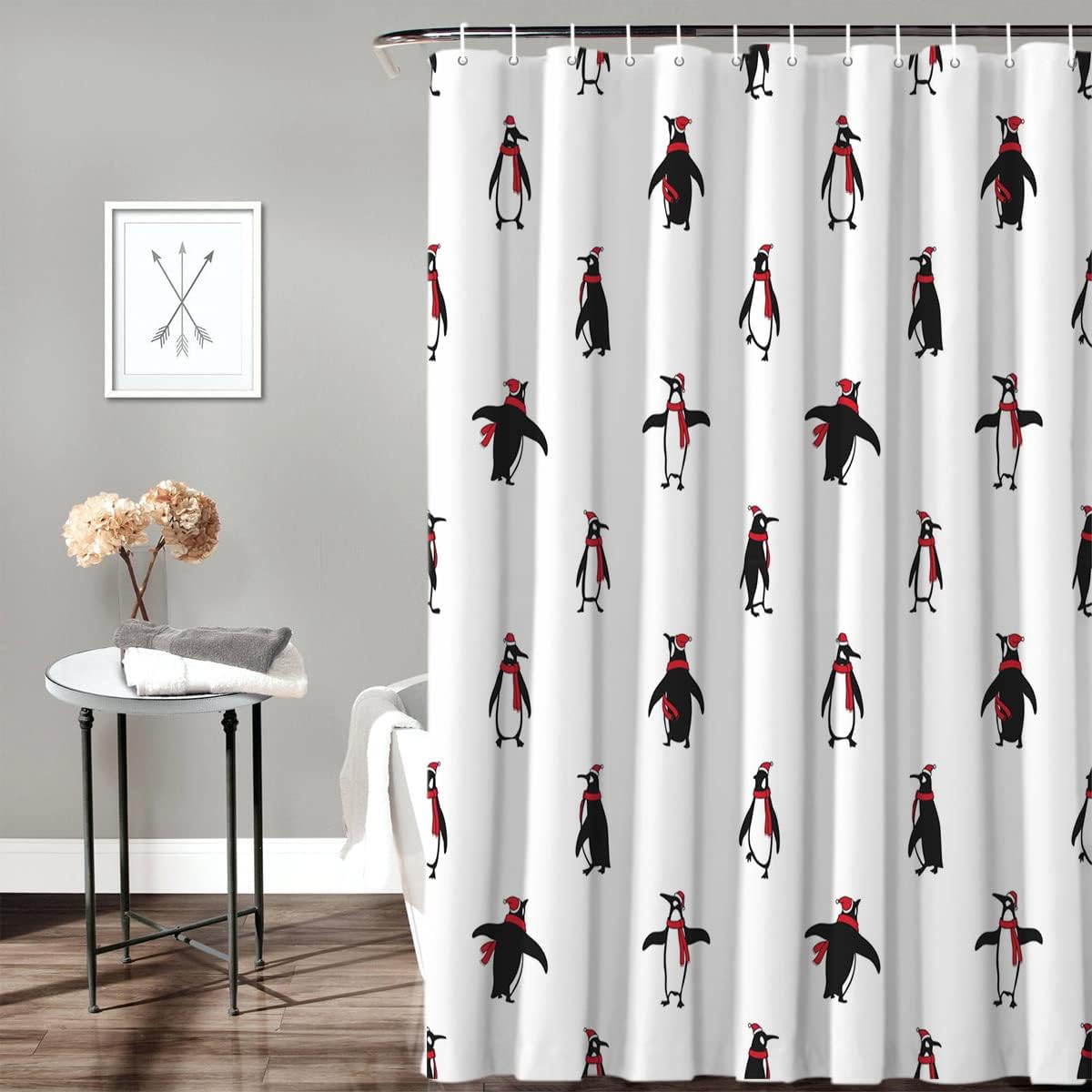 Penguin Pattern Christmas Shower Curtain - Festive Bathroom Decor for the Holiday Season