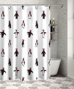 Penguin Pattern Christmas Shower Curtain - Festive Bathroom Decor for the Holiday Season