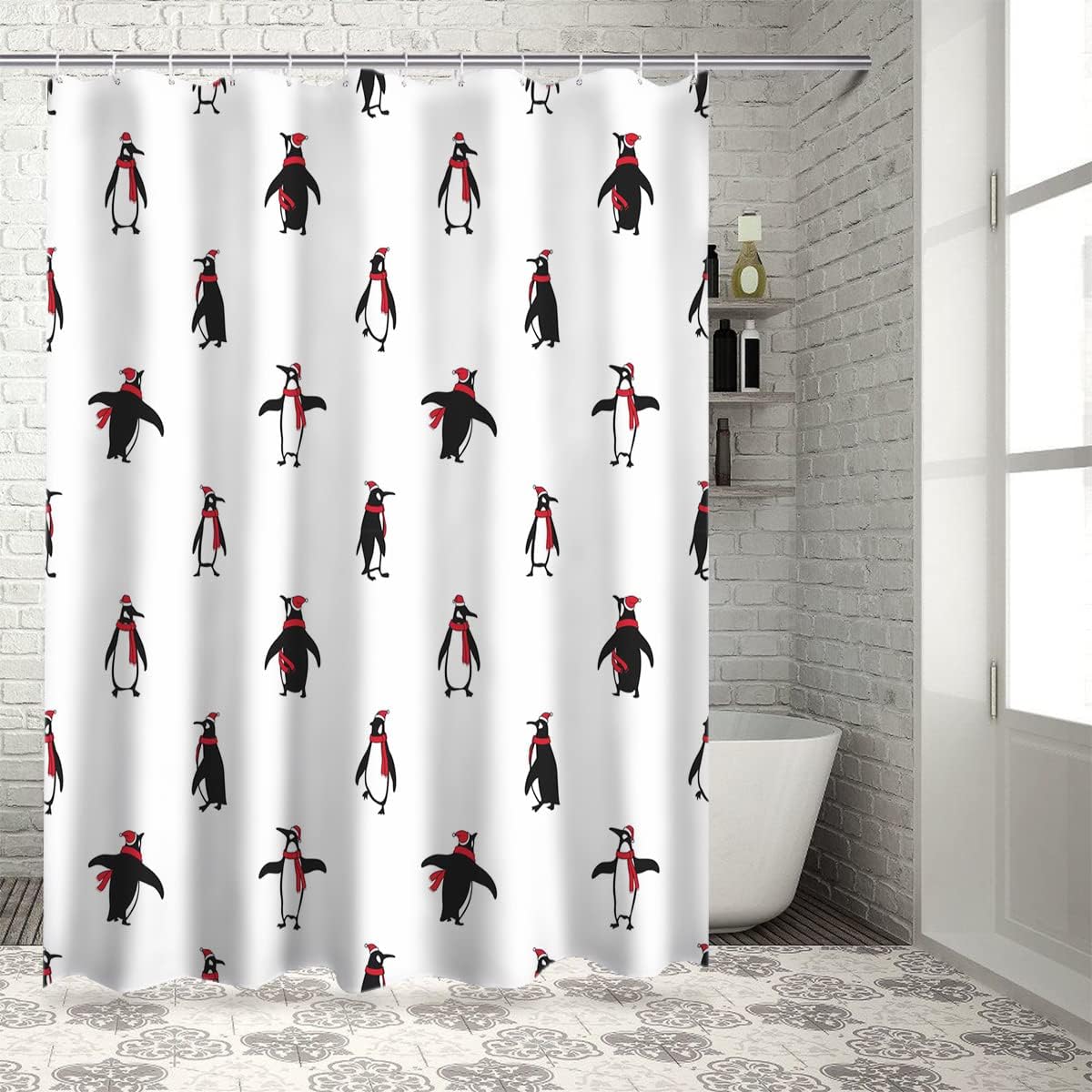 Penguin Pattern Christmas Shower Curtain - Festive Bathroom Decor for the Holiday Season