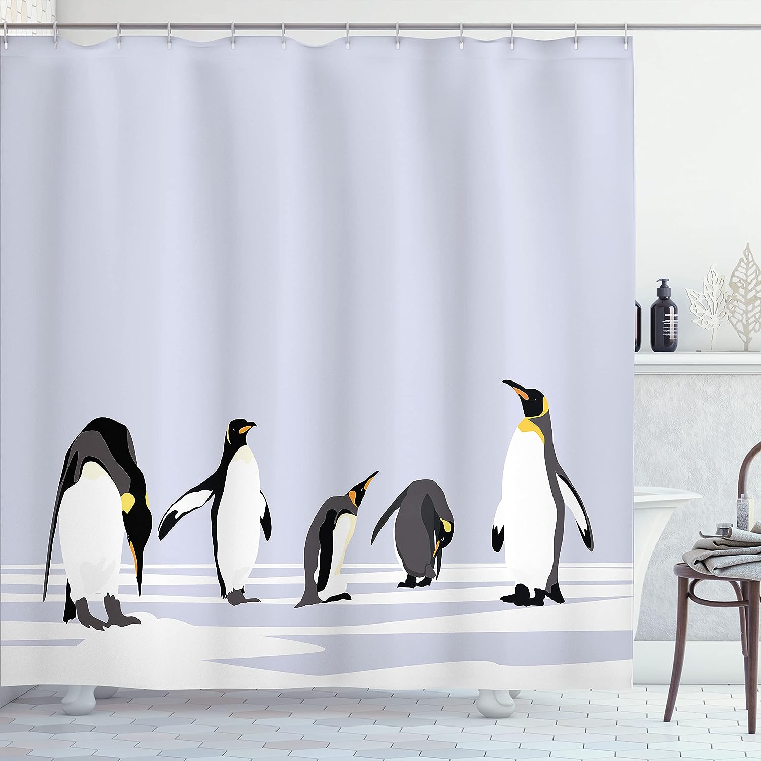 Penguin Shower Curtain, Polar ICY Land Winter Climate Arctic Cold Season Creatures Print- Bathroom Curtain
