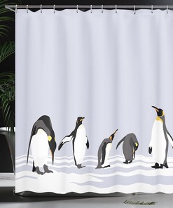 Penguin Shower Curtain, Polar ICY Land Winter Climate Arctic Cold Season Creatures Print- Bathroom Curtain