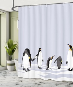 Penguin Shower Curtain, Polar ICY Land Winter Climate Arctic Cold Season Creatures Print- Bathroom Curtain