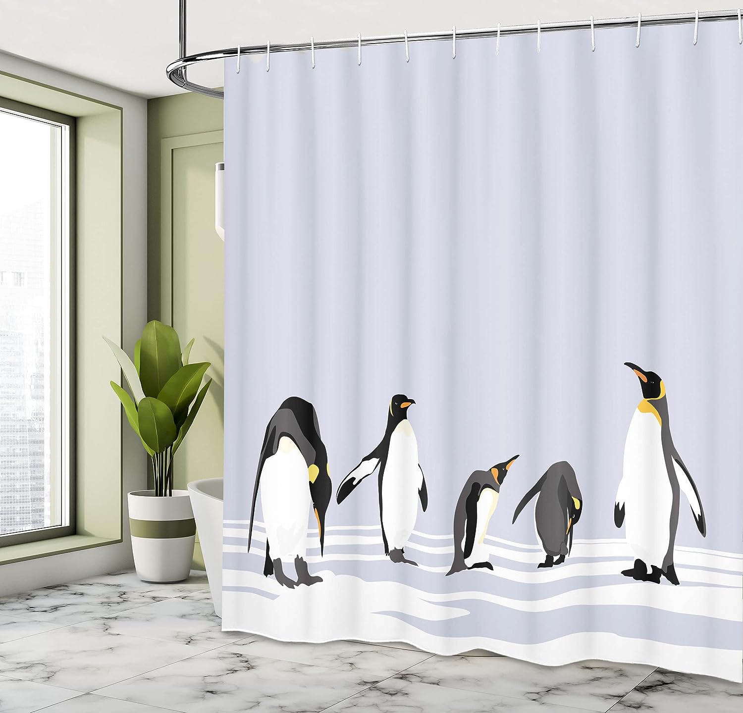 Penguin Shower Curtain, Polar ICY Land Winter Climate Arctic Cold Season Creatures Print- Bathroom Curtain