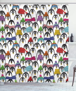 Penguin Winter Fun Shower Curtain, Colorful Hats Scarfs Cloth Bathroom Decor, Black Yellow