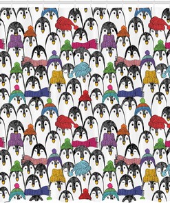Penguin Winter Fun Shower Curtain, Colorful Hats Scarfs Cloth Bathroom Decor, Black Yellow