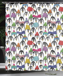 Penguin Winter Fun Shower Curtain, Colorful Hats Scarfs Cloth Bathroom Decor, Black Yellow