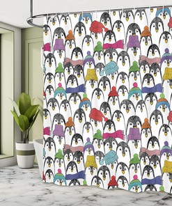 Penguin Winter Fun Shower Curtain, Colorful Hats Scarfs Cloth Bathroom Decor, Black Yellow