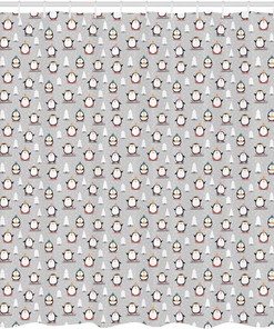Penguin Winter Shower Curtain, Fun Snowy Penguin Scene with Snowflakes and Trees, Cloth Bathroom Decor W, Pale Grey
