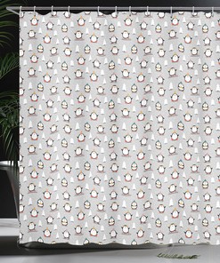 Penguin Winter Shower Curtain, Fun Snowy Penguin Scene with Snowflakes and Trees, Cloth Bathroom Decor W, Pale Grey 