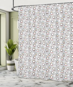 Penguin Winter Shower Curtain, Fun Snowy Penguin Scene with Snowflakes and Trees, Cloth Bathroom Decor W, Pale Grey 