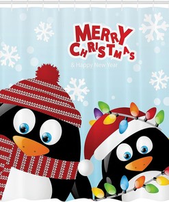 Penguins Christmas Shower Curtain, Happy Christmas Snowflake Background with Arctic Animals Print in Ruby Bathroom Decor