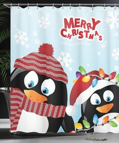 Penguins Christmas Shower Curtain, Happy Christmas Snowflake Background with Arctic Animals Print in Ruby Bathroom Decor