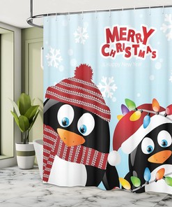 Penguins Christmas Shower Curtain, Happy Christmas Snowflake Background with Arctic Animals Print in Ruby Bathroom Decor
