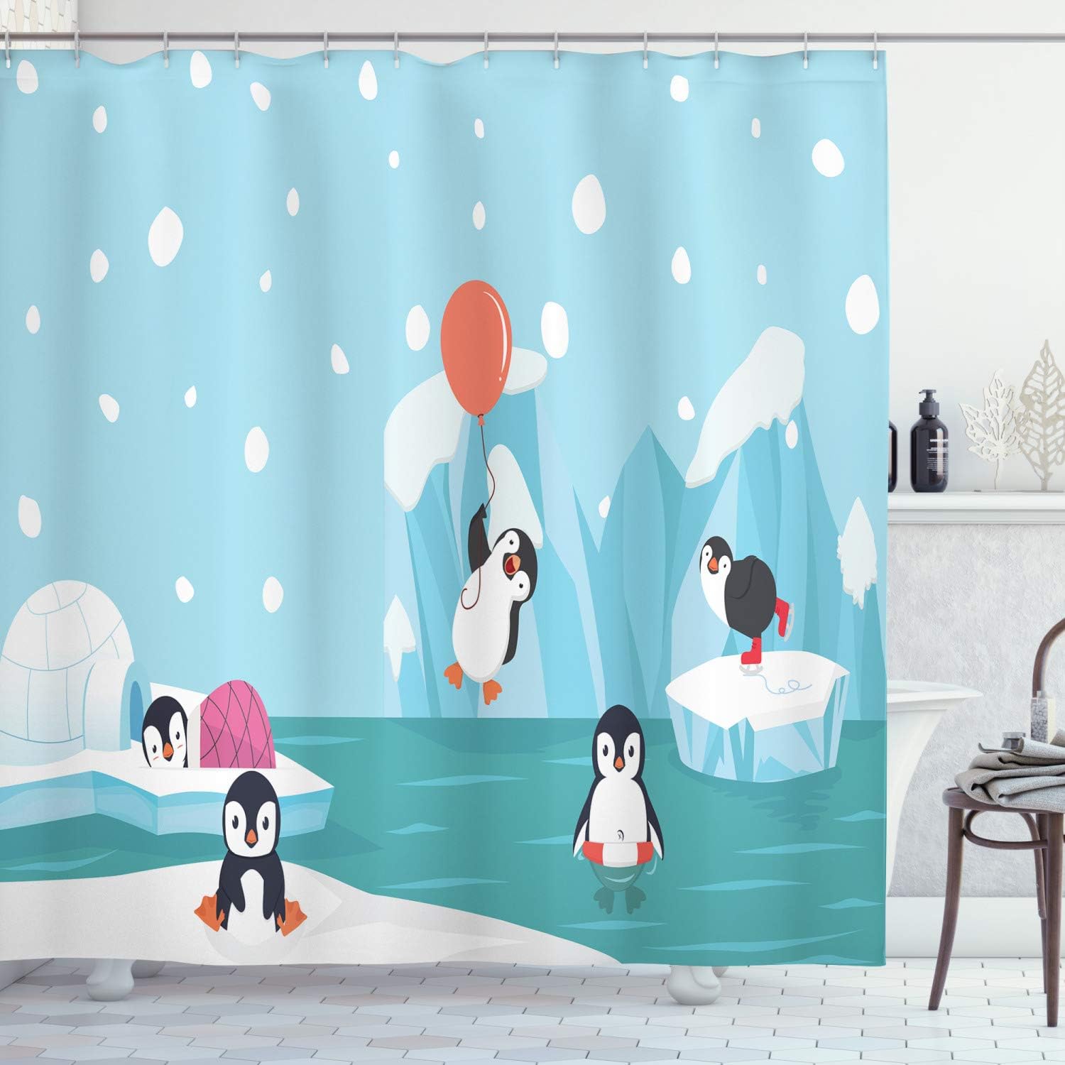 Penguins Ice Glaciers North Pole Shower Curtain Pale Sky Blue Multicolor Bathroom Decor