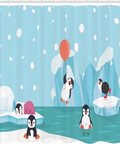 Penguins Ice Glaciers North Pole Shower Curtain Pale Sky Blue Multicolor Bathroom Decor