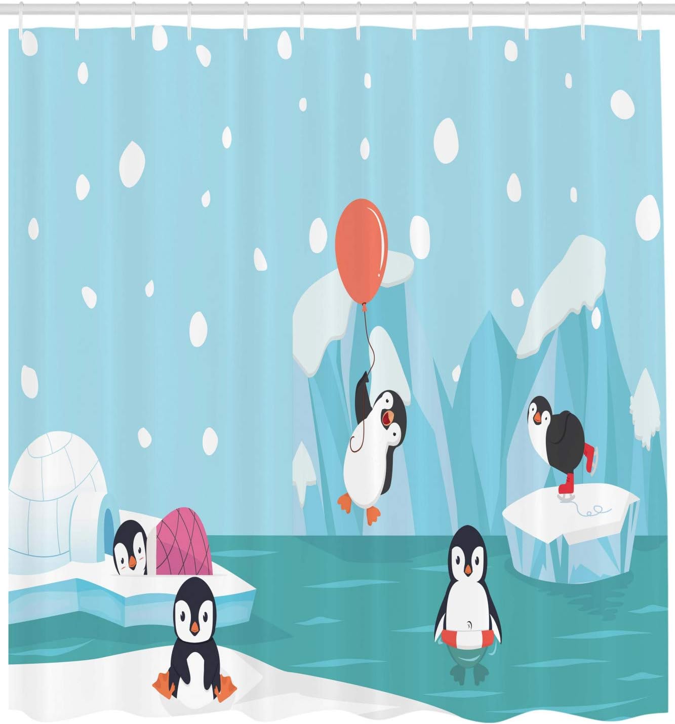 Penguins Ice Glaciers North Pole Shower Curtain Pale Sky Blue Multicolor Bathroom Decor