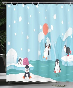Penguins Ice Glaciers North Pole Shower Curtain Pale Sky Blue Multicolor Bathroom Decor