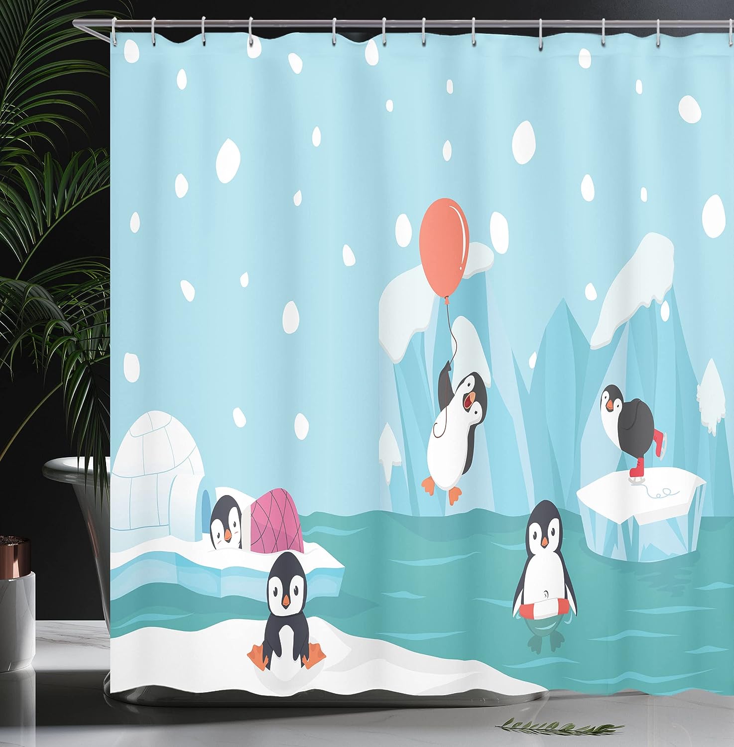 Penguins Ice Glaciers North Pole Shower Curtain Pale Sky Blue Multicolor Bathroom Decor