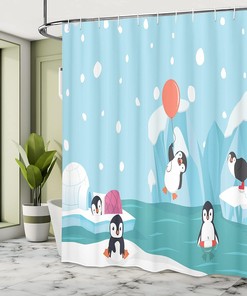 Penguins Ice Glaciers North Pole Shower Curtain Pale Sky Blue Multicolor Bathroom Decor