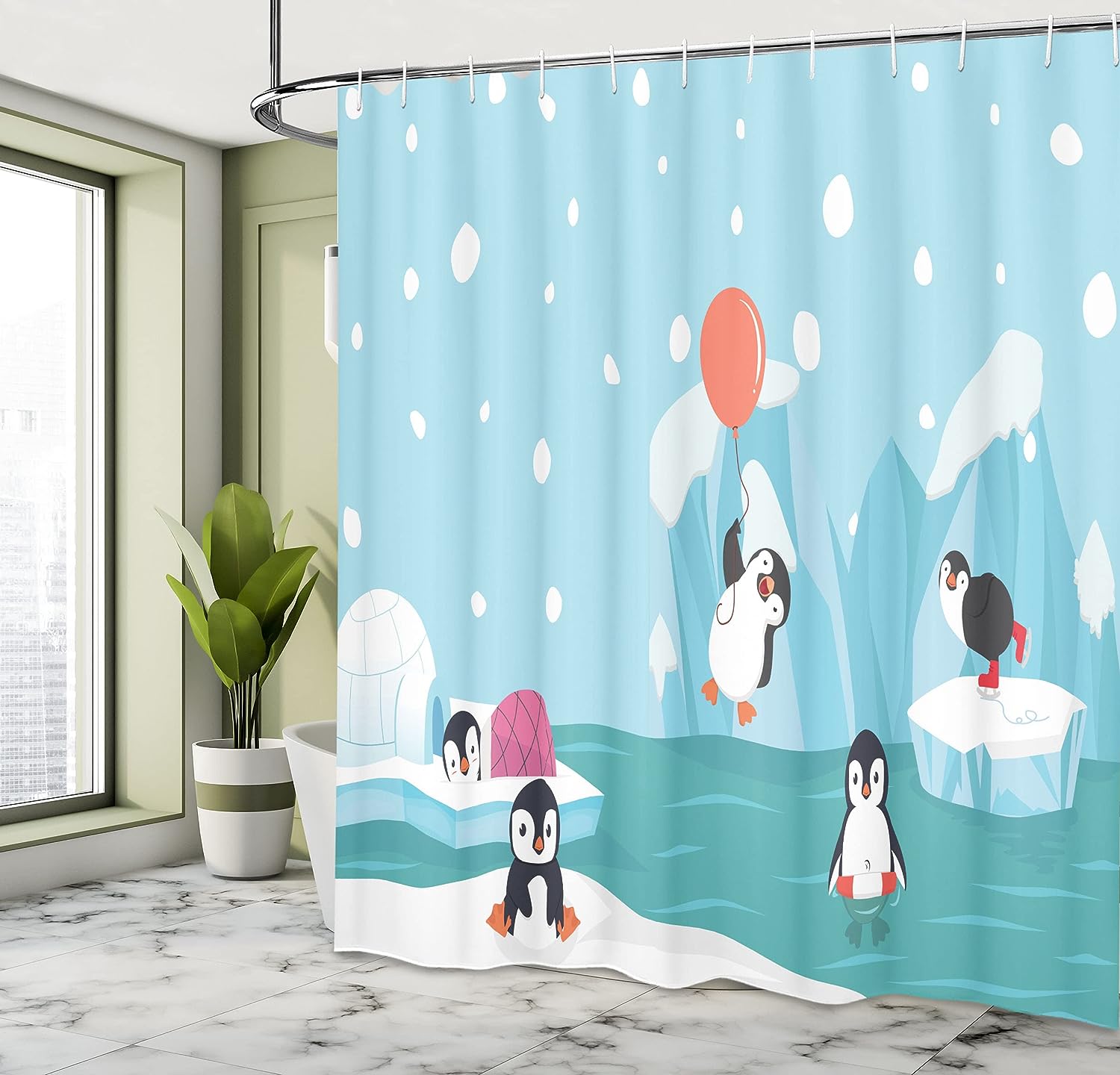 Penguins Ice Glaciers North Pole Shower Curtain Pale Sky Blue Multicolor Bathroom Decor