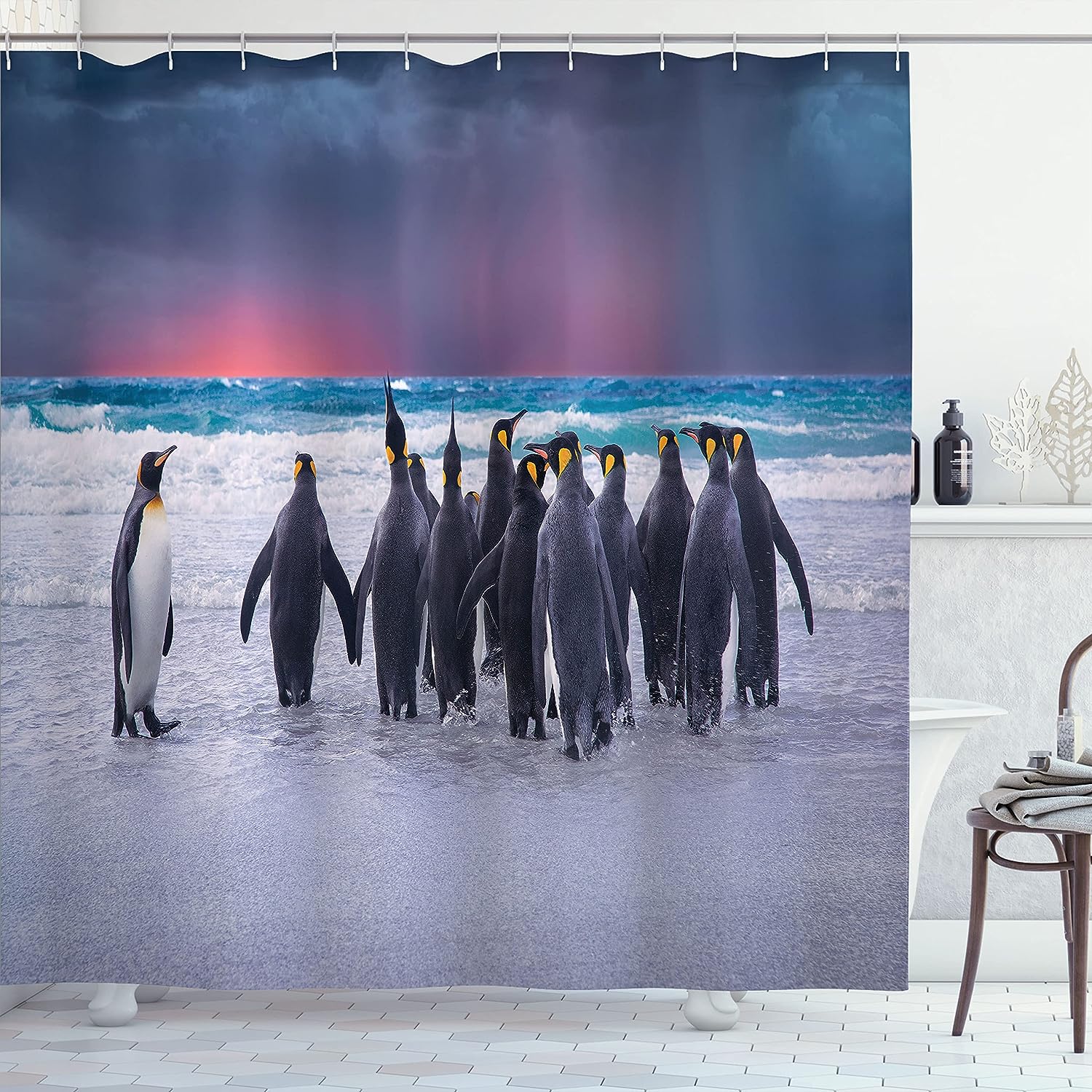 Penguins Shoreline Shower Curtain, King Penguins on Sandy Beach Waves, Underwater Bathroom Decor