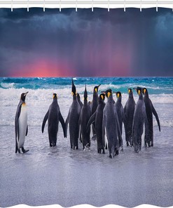 Penguins Shoreline Shower Curtain, King Penguins on Sandy Beach Waves, Underwater Bathroom Decor