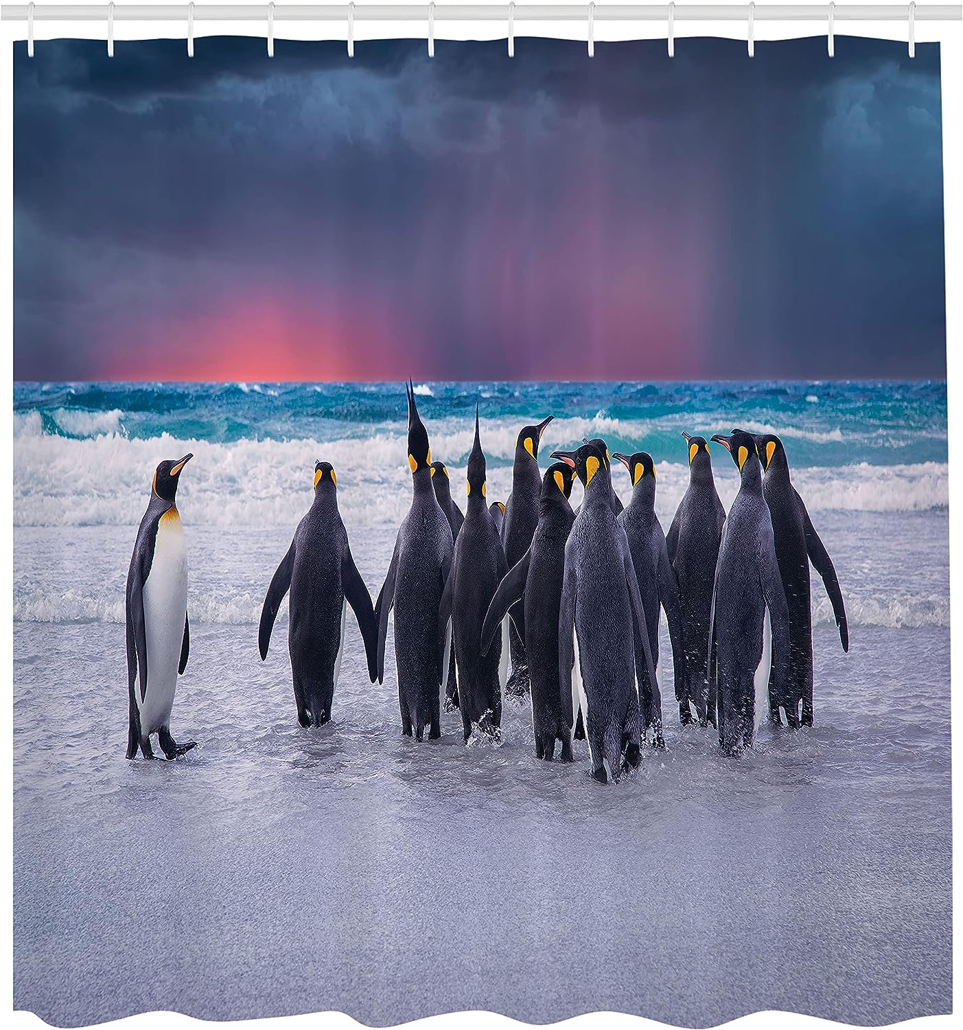 Penguins Shoreline Shower Curtain, King Penguins on Sandy Beach Waves, Underwater Bathroom Decor