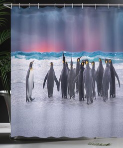 Penguins Shoreline Shower Curtain, King Penguins on Sandy Beach Waves, Underwater Bathroom Decor