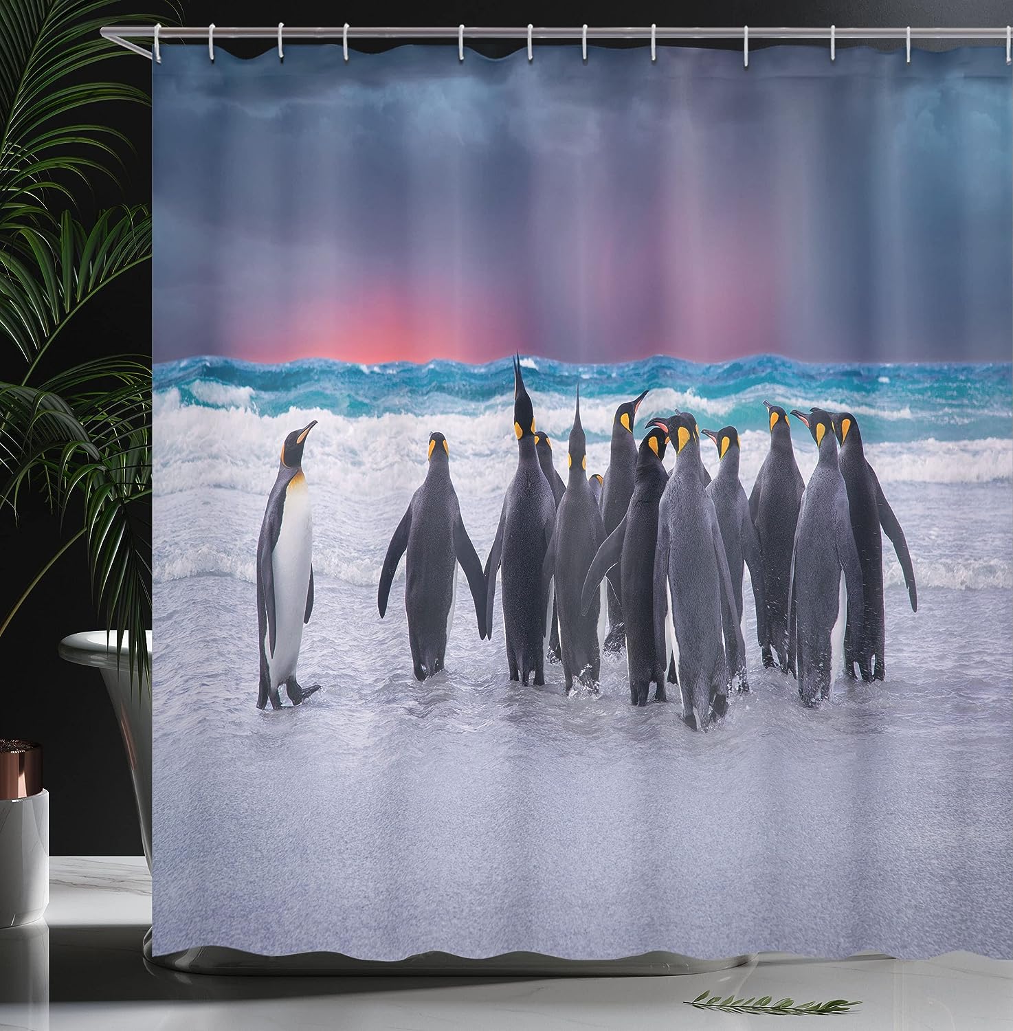 Penguins Shoreline Shower Curtain, King Penguins on Sandy Beach Waves, Underwater Bathroom Decor