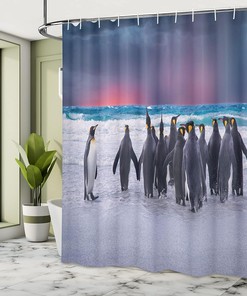 Penguins Shoreline Shower Curtain, King Penguins on Sandy Beach Waves, Underwater Bathroom Decor