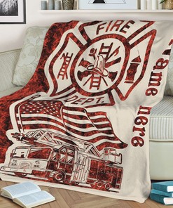 Personalized Firefighter Blanket, Firefighter Fire Truck Thin Red Line Sherpa Fleece Blanket