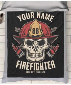 Personalized Firefighter Skull Fireman Fire Dept Fleece Blanket