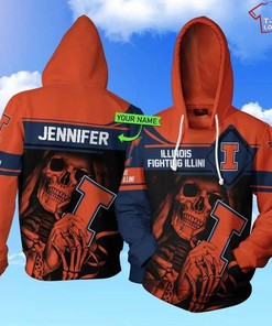 Personalized NCAA Illinois Fighting Illini Blue Skull 3D Hoodie