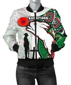 Personalized Rabbitohs Womens Bomber Jacket Indigenous ANZAC Day