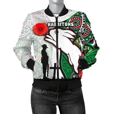 Personalized Rabbitohs Womens Bomber Jacket Indigenous ANZAC Day