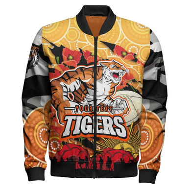 Personalized Tigers Rugby with Remembrance Day Poppy Flower Sleeve Zip Bomber Jacket T09