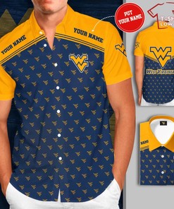 Personalized West Virginia Mountaineers Hawaiian Summer Aloha Beach Shirt - Navy Yellow