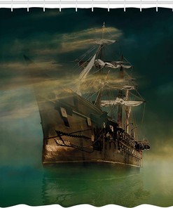 Phantasmagoric Old Ship Sailing Cloth Fabric Shower Curtain, Calm SeMisty Weather Marine Theme, Bathroom Decor