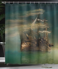 Phantasmagoric Old Ship Sailing Cloth Fabric Shower Curtain, Calm SeMisty Weather Marine Theme, Bathroom Decor
