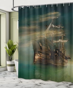 Phantasmagoric Old Ship Sailing Cloth Fabric Shower Curtain, Calm SeMisty Weather Marine Theme, Bathroom Decor