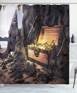 Phantasmagoric Ship Shower Curtain, Marine Theme with Calm Sea and Misty Weather for Home Bathroom Decor