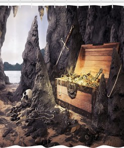 Phantasmagoric Ship Shower Curtain, Marine Theme with Calm Sea and Misty Weather for Home Bathroom Decor