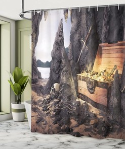 Phantasmagoric Ship Shower Curtain, Marine Theme with Calm Sea and Misty Weather for Home Bathroom Decor